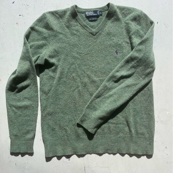 Men's Polo Ralph Lauren Sweatshirt Green Pony L V-Neck Wool Preppy Dad Classic - Picture 5 of 12